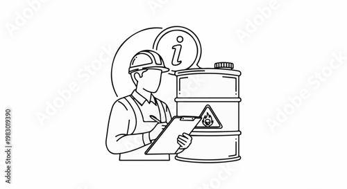 Worker in hard hat examines hazardous material barrel with information icon
