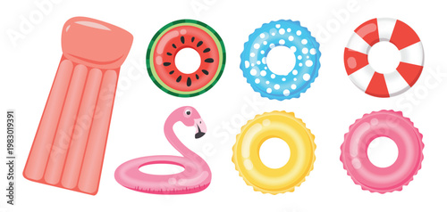 Swimming ring inflatable pool floats flamingo, watermelon, lifebuoy, pink yellow blue rings for summer cards and vacation design.
