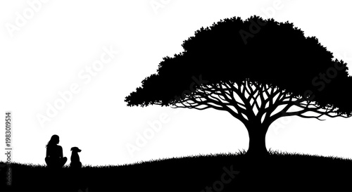 Girl and dog sitting under a tree in a peaceful silhouette.