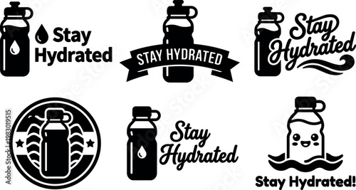 Black and white stay hydrated text with water bottle icons and script lettering
