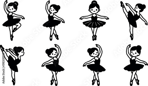 Black and white line art ballerina girl dancing in various poses