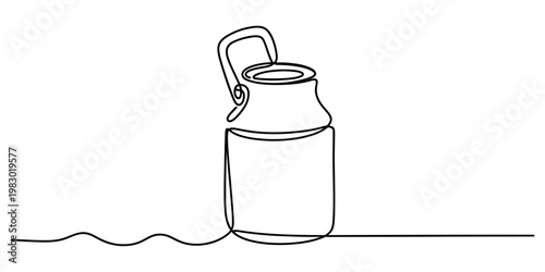 A single continuous line drawing of a rustic metal milk can on a simple plain white background