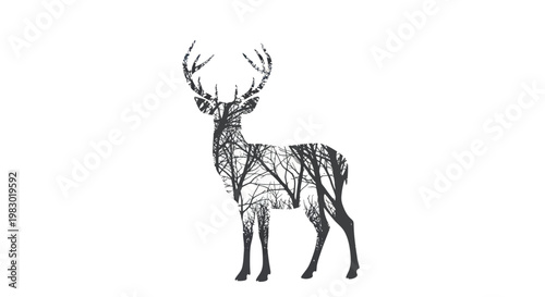 Artistic deer silhouette with forest double exposure on white background
