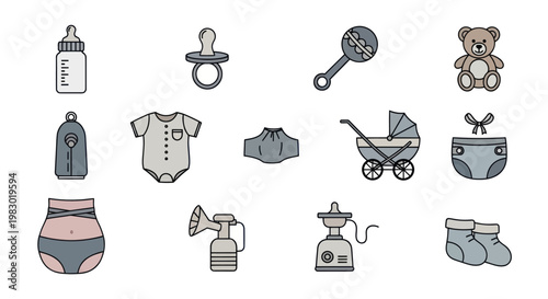 Vector flat icon set of baby care essentials and newborn accessories