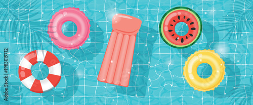 inflatable pool floats swimming rings on water surface background, watermelon sliced ring, lifebuoy in blue tiled pool with palm shadows for summer resort, pool party and vacation design.