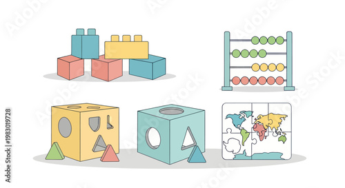 Set of educational toys for childhood learning and development.