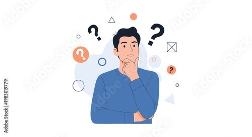Man thinking with question marks around him.