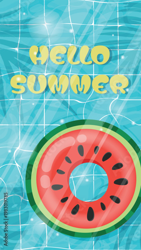 Hello summer pool float swimming watermelon ring on water surface background in blue tiled pool with palm shadows for summer resort, pool party and vacation design.