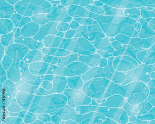 Abstract water surface with light refraction patterns, bubbles and translucent ripples for summer background, pool texture and tropical design template.