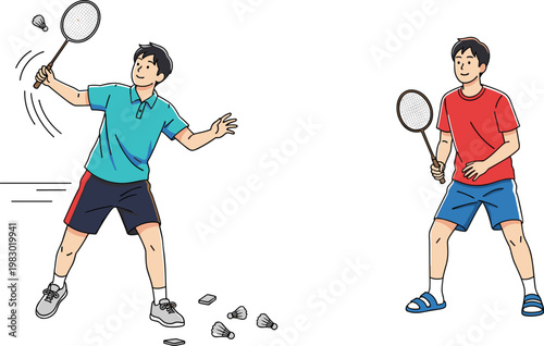 Badminton Players Illustration with Male Characters Playing Racket Sport and Shuttlecock Action Scenes for Fitness, Training, Recreation, and Competitive Sports Design