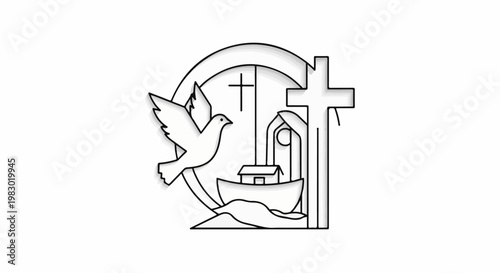 Stylized religious symbols including a dove, ark, cross, and rainbow arc