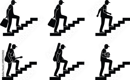 Vector illustration of person walking upstairs carrying briefcase, guitar case and basketball in silhouette design