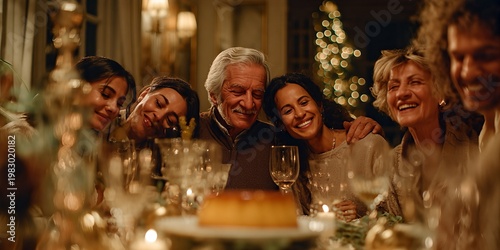 Golden Gatherings: A warm, intimate moment unfolds as a multi-generational family shares a festive dinner, bathed in the soft glow of candlelight and the spirit of togetherness.