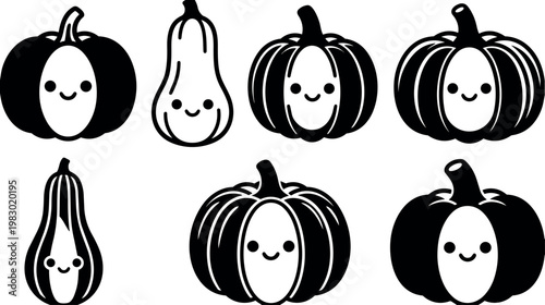 Cute smiling pumpkins and gourds cartoon vector art black and white