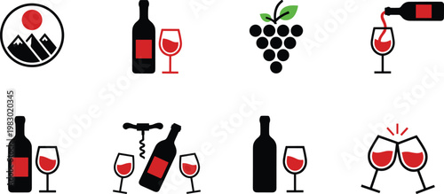 Vector illustration of wine culture icons including bottle, glass, grapes and corkscrew in decorative design