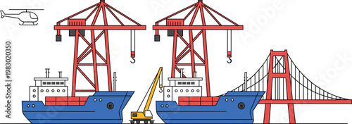 Vector illustration of port scene with cargo cranes, ships, bridge and helicopter in transportation design