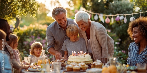 Joyful Birthday Gathering: A heartwarming scene unfolds as a multigenerational family gathers outdoors to celebrate a birthday with cake, creating cherished memories together in the warm sunshine.