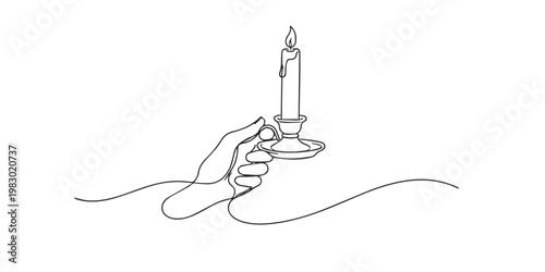 single line hand holding candle.continuous line drawing of hand carrying lit candle with soft flame.light and calm atmosphere concept.one line vector illustration.