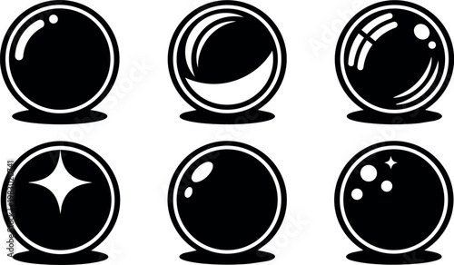 Six shiny crystal balls with reflections and shadows