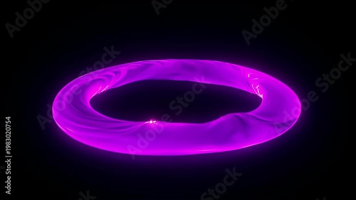 Glowing purple neon ring on black background with smooth light trail, abstract oval shape, circular light glow, modern digital design, luminous halo energy loop