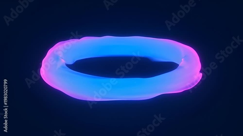 Abstract Neon Ring Glow on Dark Background with Blue and Pink Light, Minimal Circle Shape, Isolated Futuristic Oval Light Loop with Glowing Gradient and Soft Neon Background