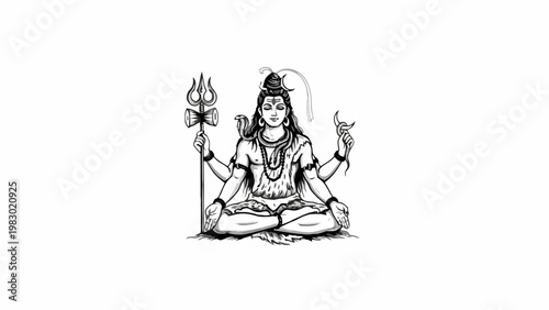 Lord Shiva Meditating with Trident and Damaru Black and White Sketch