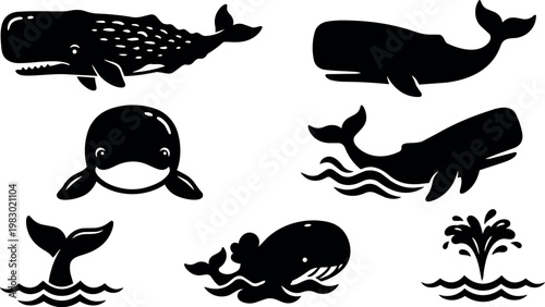 Black and white whale silhouette set with spout splash and tail fin vector art