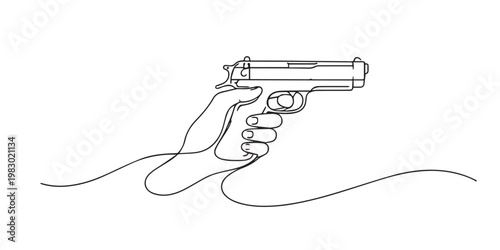 Single line drawing of a hand holding a gun. Continuous line drawing of a hand holding a firearm. Military, crime, security concept. One line vector illustration.