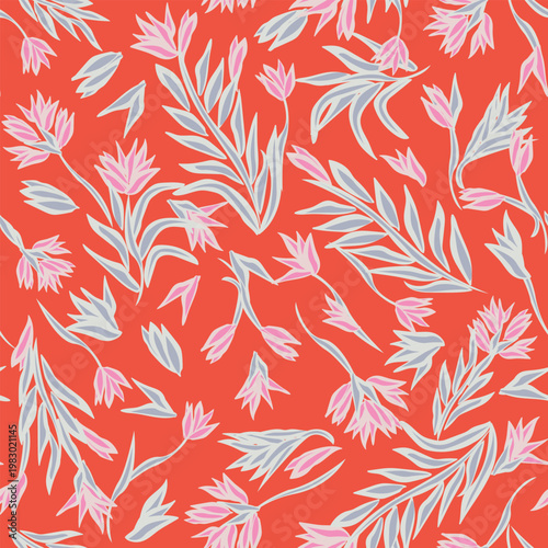 Floral Textile Design Pattern With Pink Tulips And Grey Leaves