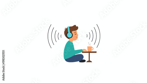 Boy listening to music with headphones and coffee cup illustration