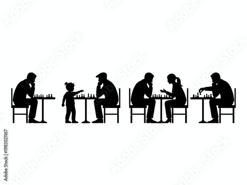 Canvas Print Chess players silhouette set sitting at tables for board game
