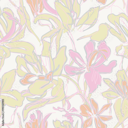 Pastel Hibiscus Abstract Botanical Floral Textile Design Pattern