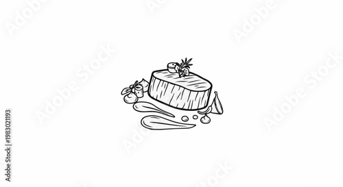A simple line drawing depicts a grilled meat cut garnished with herbs and small accompaniments