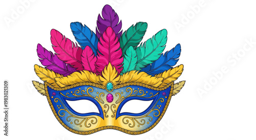 Vibrant Venetian Masquerade Mask with Colorful Feathers and Gold Embellishments
