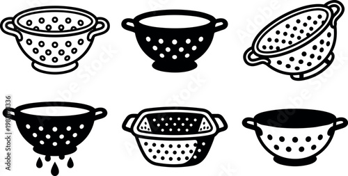 Black and white vector art set of six kitchen colanders with holes and handles