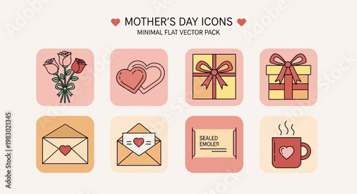 Mother's Day icons show gifts and symbols on a minimal flat vector pack