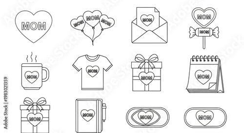 A collection of heart-themed icons including gifts and love symbols arranged neatly