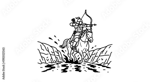 Archer on horseback shooting arrow, dynamic action, ancient warrior, battle scene, black and white illustration