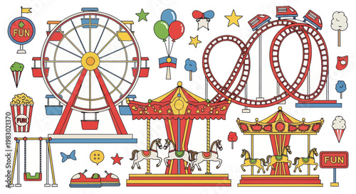 Amusement Park Fun: Ferris Wheel, Roller Coaster, Carousel, Swings & More