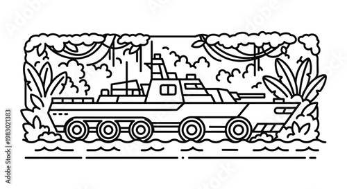 Armored Amphibious Vehicle in Jungle River, Military Transport, Outline Art
