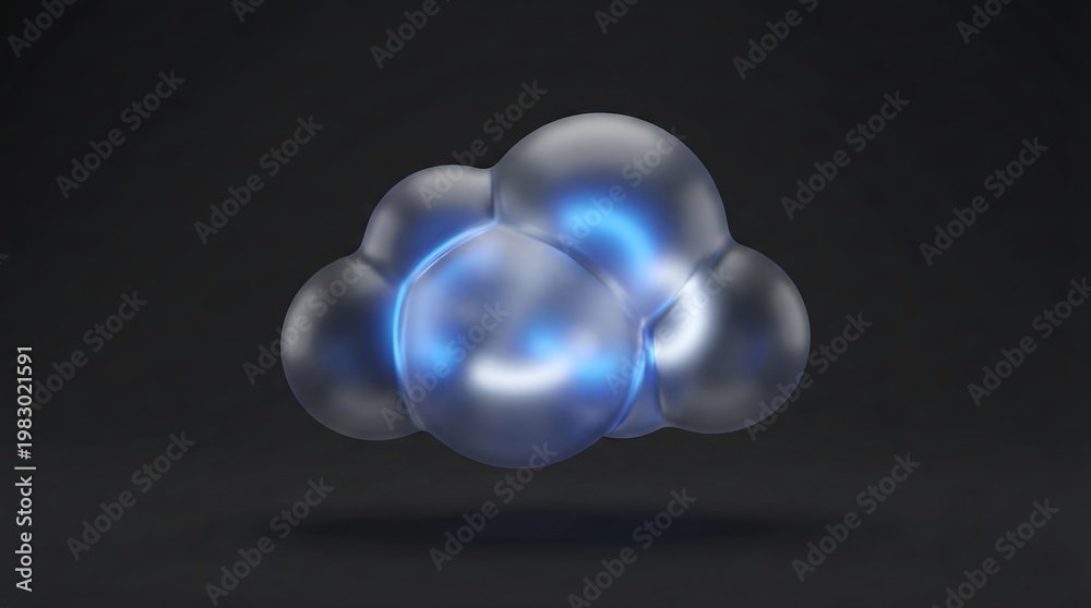 Fototapeta premium Cloud Computing UI: Smoked Frosted Glass Cloud Cluster with Blue Neon Data Glow