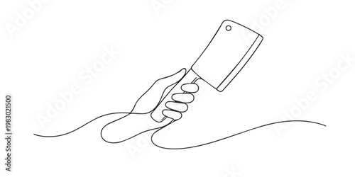 single line hand holding meat cleaver.continuous line drawing of hand gripping kitchen butcher knife.cooking and food preparation concept.one line vector illustration.