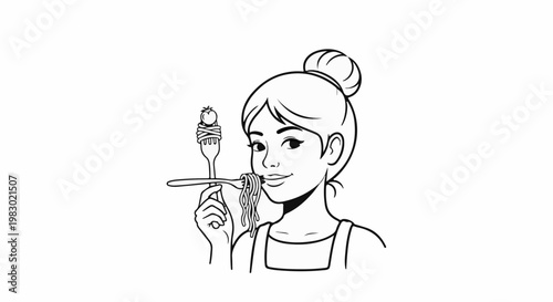A smiling woman with a bun eats spaghetti from a fork, with a tomato on it