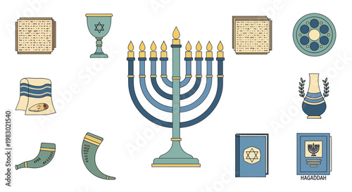 Hanukkah Symbols Collection: Menorah, Matzah, Shofar, Kiddush Cup, Torah