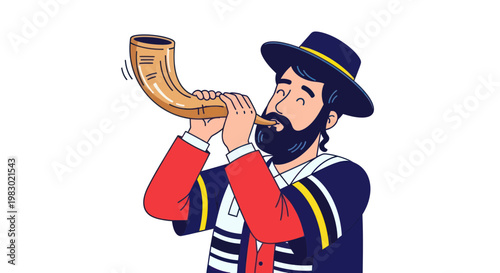 Man blowing a shofar, Jewish tradition, religious celebration, Rosh Hashanah, Yom Kippur
