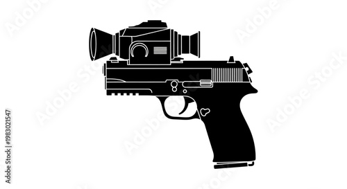 Black Silhouette of a Pistol with Red Dot Sight, Isolated on White Background