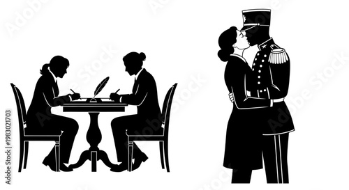 Couple in uniform embracing, two people signing document at table, silhouette