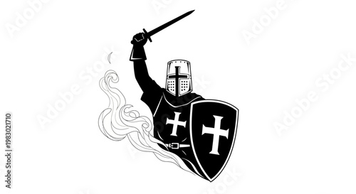 Crusader Knight with Sword and Shield, Medieval Warrior Illustration
