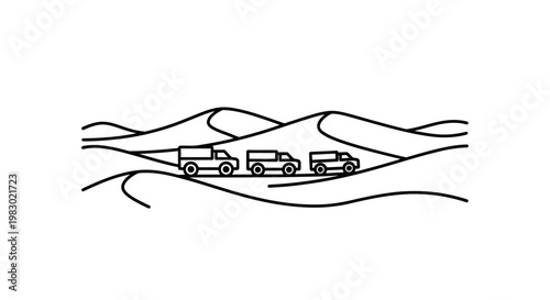 Desert Expedition: Three Off-Road Vehicles Traverse Sand Dunes Under a Clear Sky