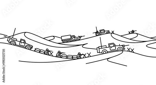 Desert Warfare: Soldiers and Military Trucks in Sand Dunes